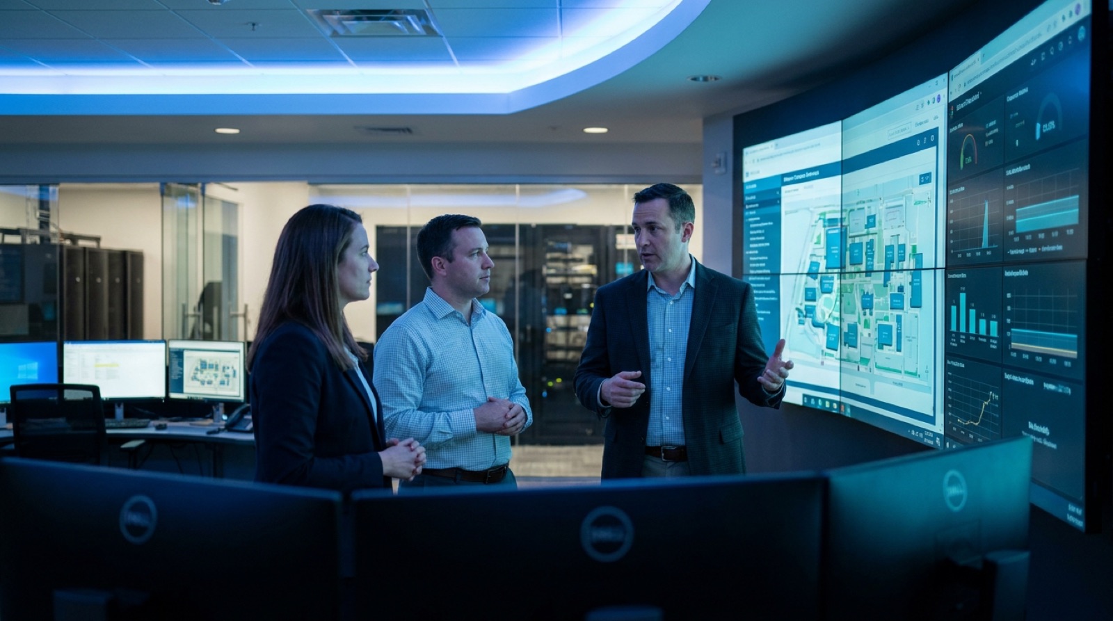 Technical advisors reviewing a campus schematic and program dashboards in a program office