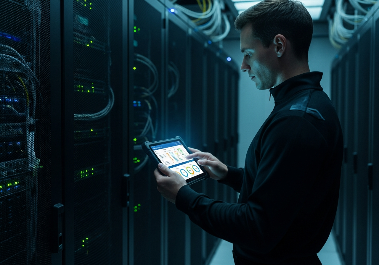 Data center technician logging progress on a ruggedized tablet in a server room